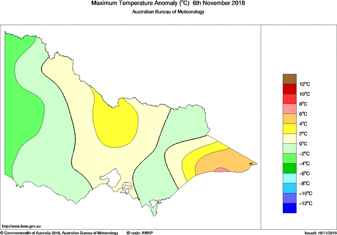Daily maximum temperature anomaly for Victoria
