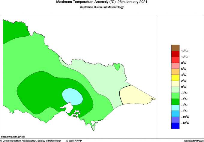 Daily maximum temperature anomaly for Victoria
