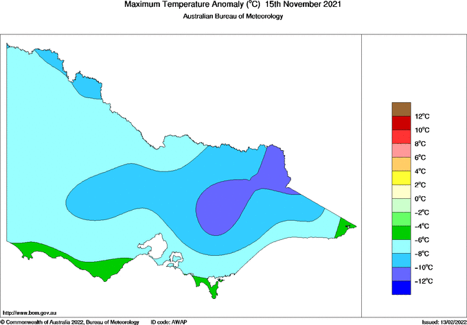 Daily maximum temperature anomaly for Victoria