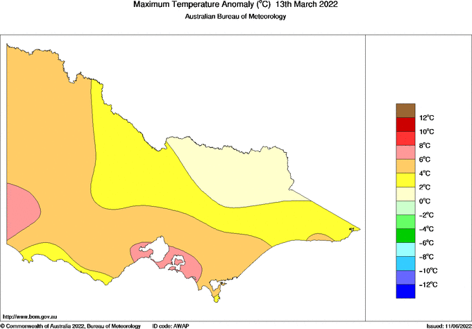 Daily maximum temperature anomaly for Victoria