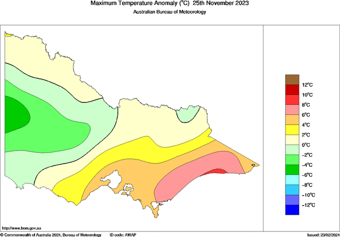 Daily maximum temperature anomaly for Victoria