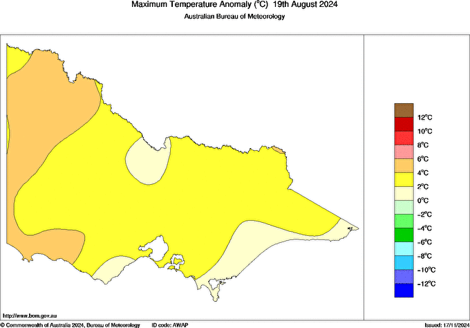 Daily maximum temperature anomaly for Victoria