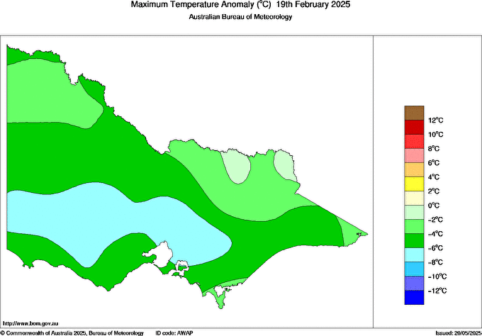 Daily maximum temperature anomaly for Victoria