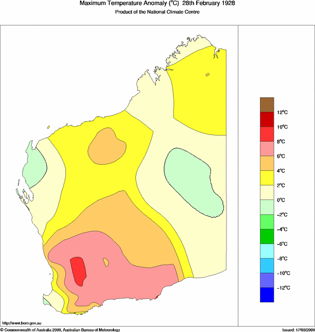 Daily maximum temperature anomaly for Western Australia