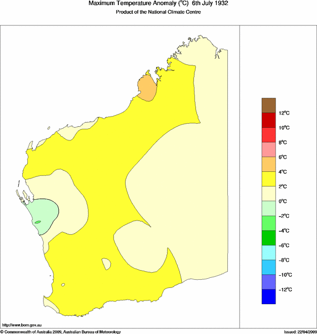 Daily maximum temperature anomaly for Western Australia