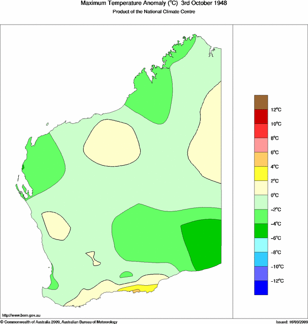 Daily maximum temperature anomaly for Western Australia