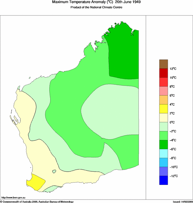 Daily maximum temperature anomaly for Western Australia