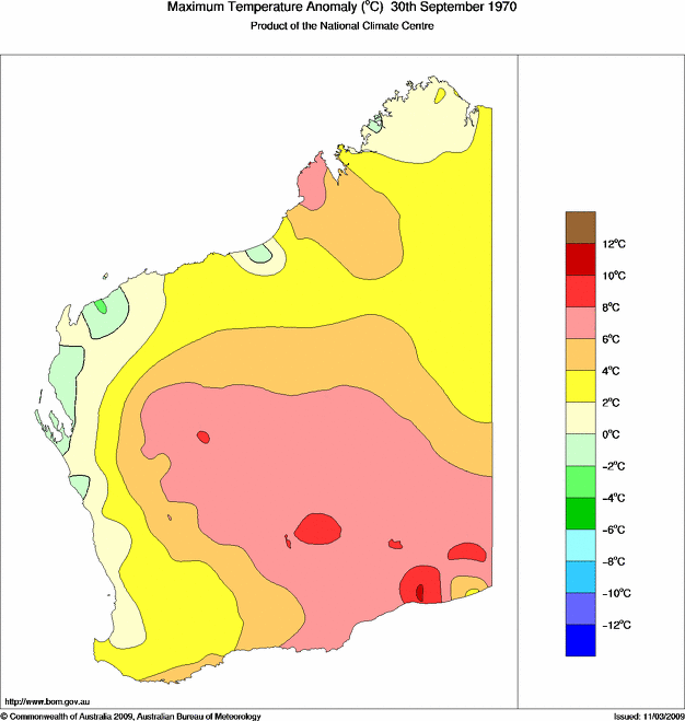 Daily maximum temperature anomaly for Western Australia