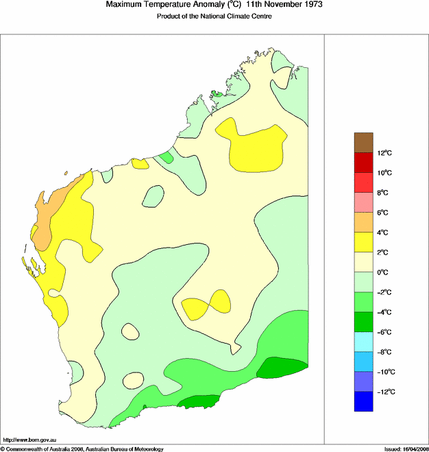 Daily maximum temperature anomaly for Western Australia