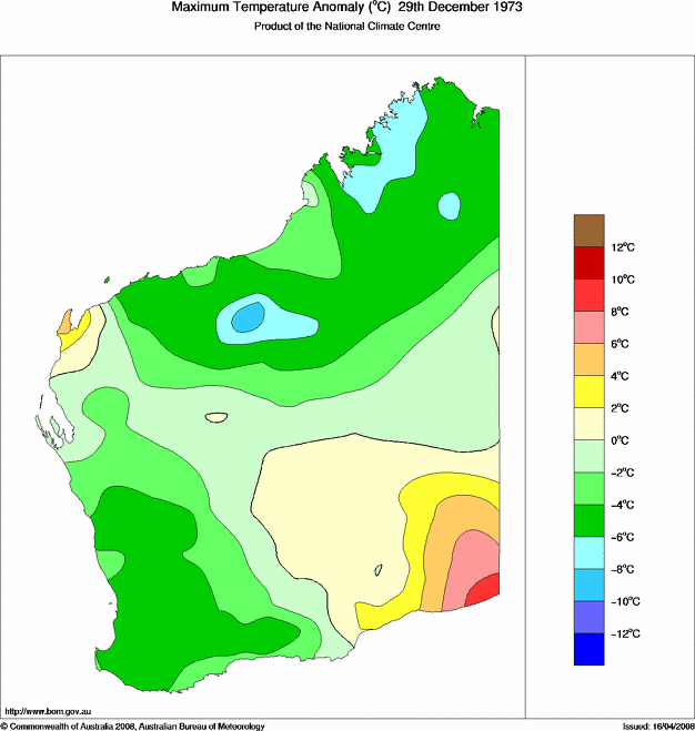 Daily maximum temperature anomaly for Western Australia