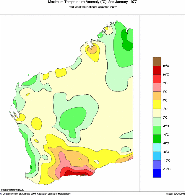 Daily maximum temperature anomaly for Western Australia