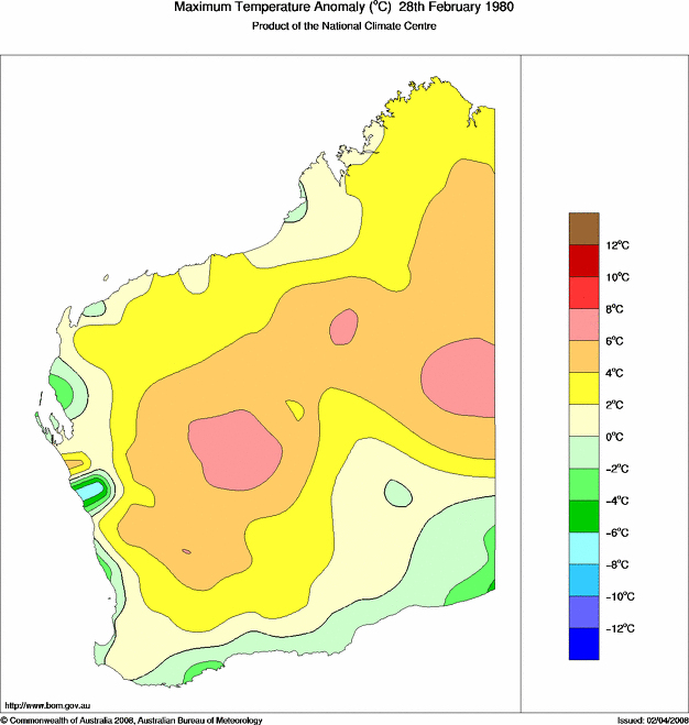 Daily maximum temperature anomaly for Western Australia