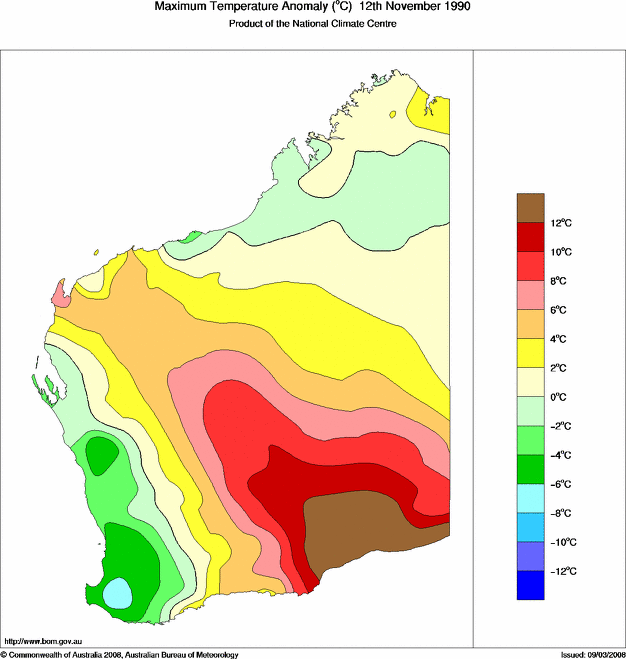 Daily maximum temperature anomaly for Western Australia