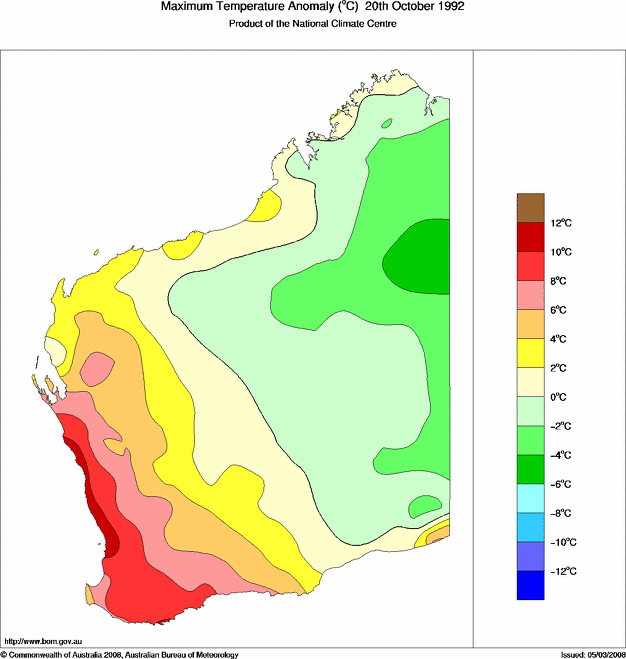Daily maximum temperature anomaly for Western Australia