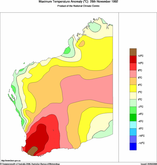 Daily maximum temperature anomaly for Western Australia