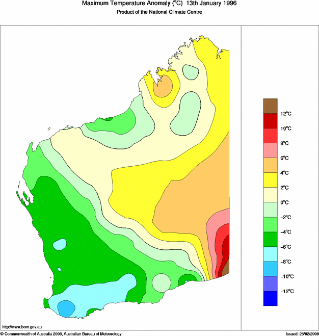 Daily maximum temperature anomaly for Western Australia