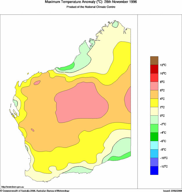 Daily maximum temperature anomaly for Western Australia