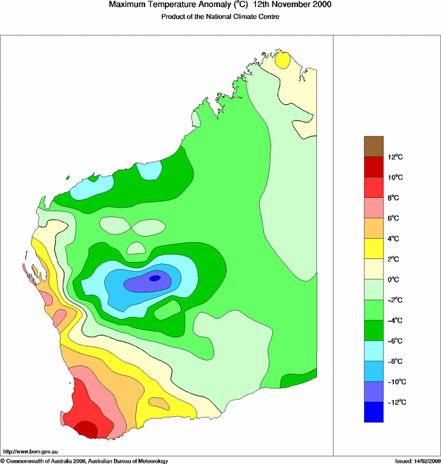 Daily maximum temperature anomaly for Western Australia