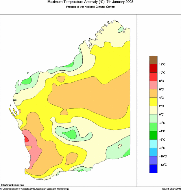 Daily maximum temperature anomaly for Western Australia