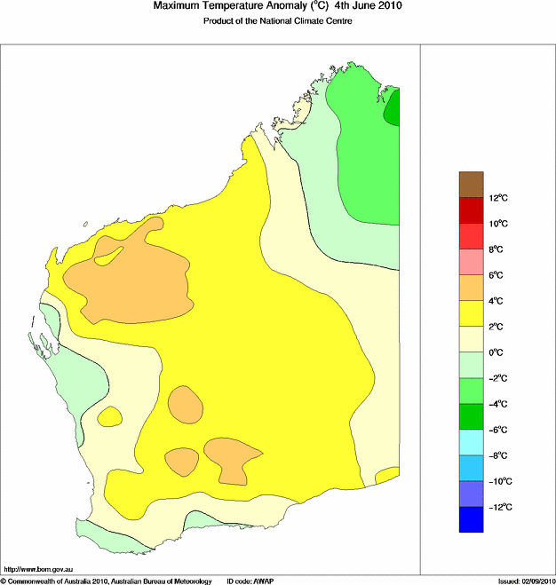 Daily maximum temperature anomaly for Western Australia
