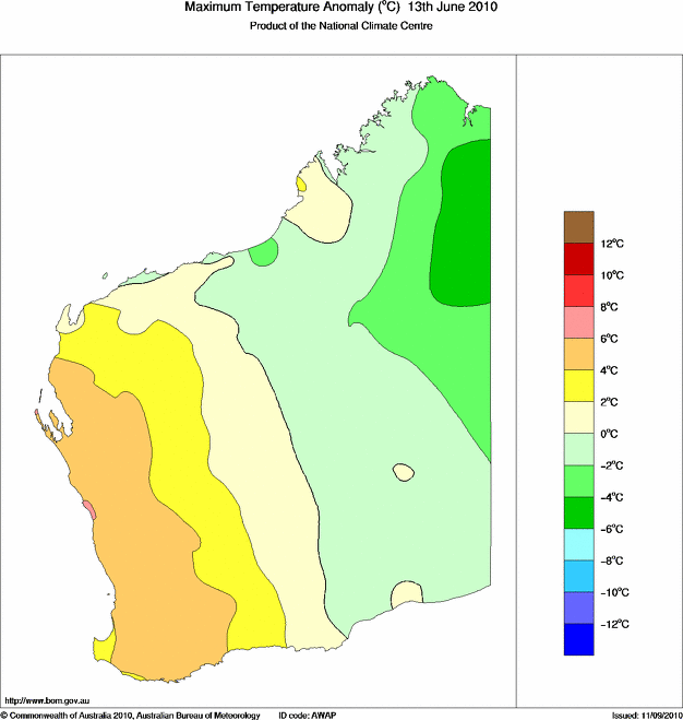 Daily maximum temperature anomaly for Western Australia