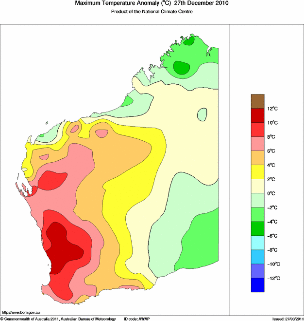 Daily maximum temperature anomaly for Western Australia