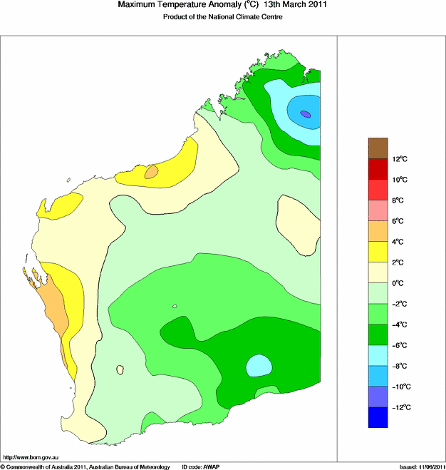 Daily maximum temperature anomaly for Western Australia
