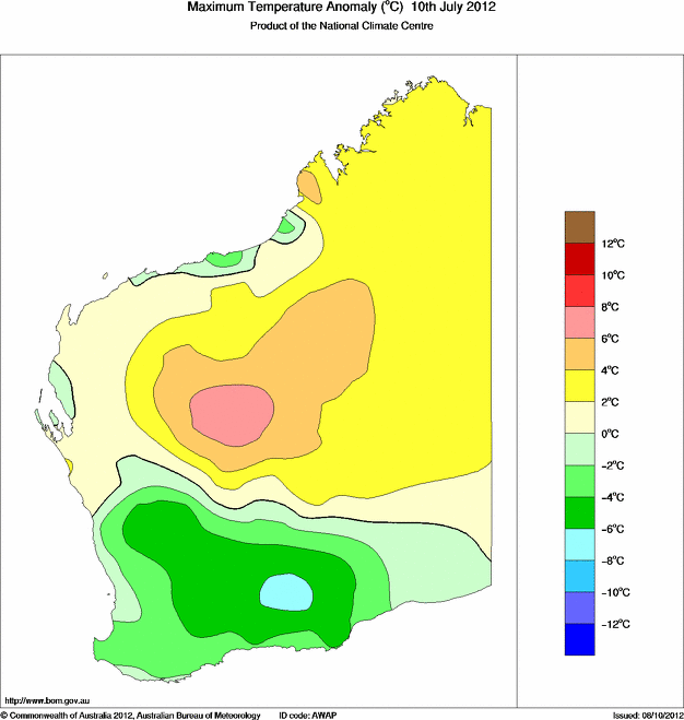 Daily maximum temperature anomaly for Western Australia