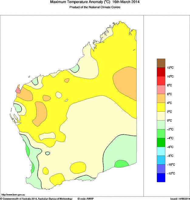 Daily maximum temperature anomaly for Western Australia