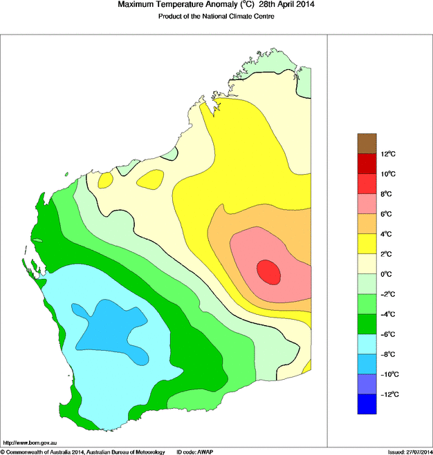 Daily maximum temperature anomaly for Western Australia