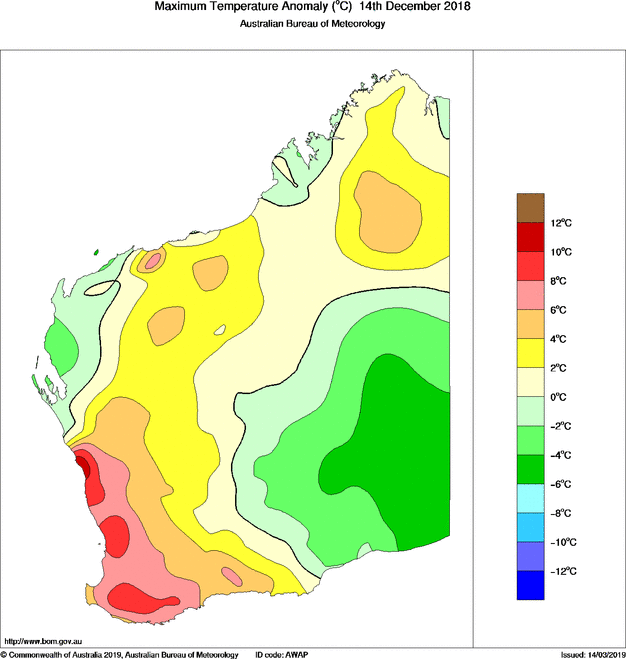 Daily maximum temperature anomaly for Western Australia