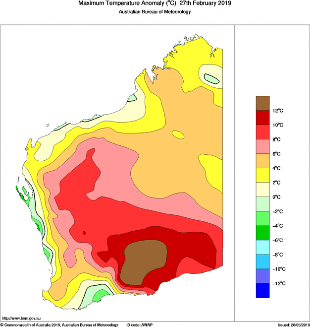Daily maximum temperature anomaly for Western Australia