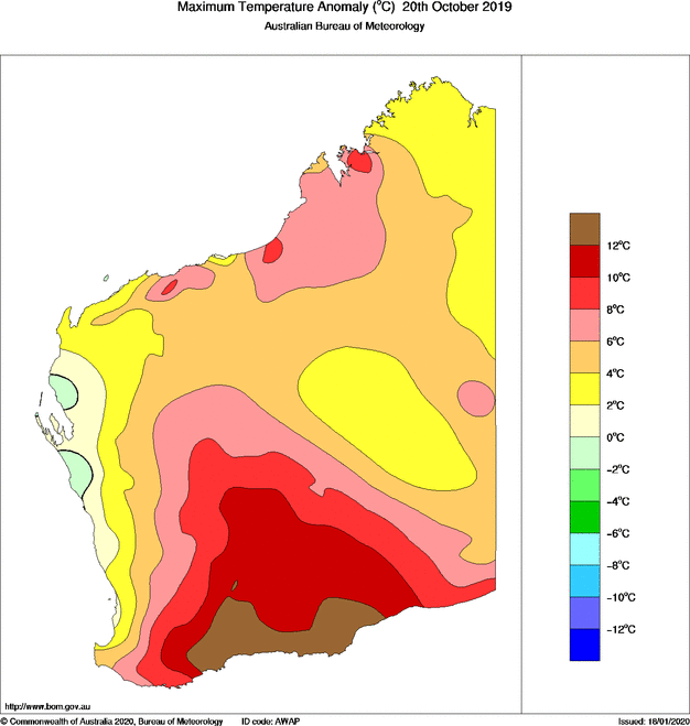 Daily maximum temperature anomaly for Western Australia