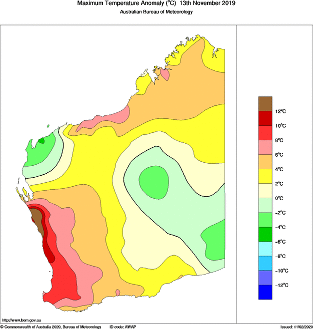 Daily maximum temperature anomaly for Western Australia