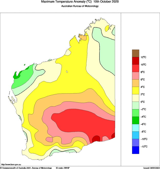 Daily maximum temperature anomaly for Western Australia