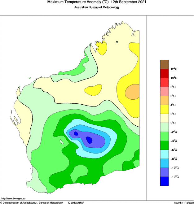 Daily maximum temperature anomaly for Western Australia
