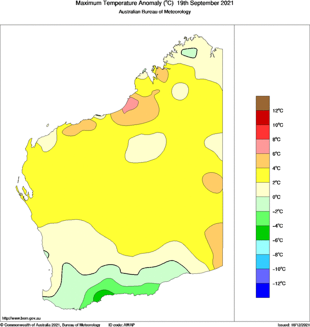 Daily maximum temperature anomaly for Western Australia