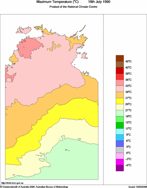Daily maximum temperature for Northern Territory