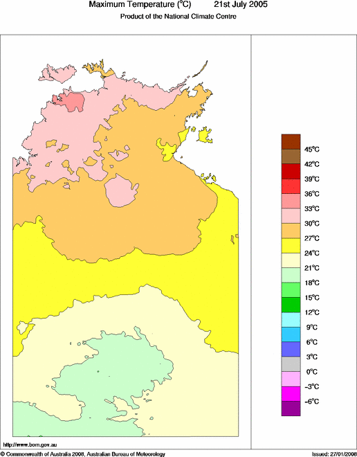 Daily maximum temperature for Northern Territory