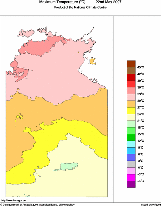 Daily maximum temperature for Northern Territory