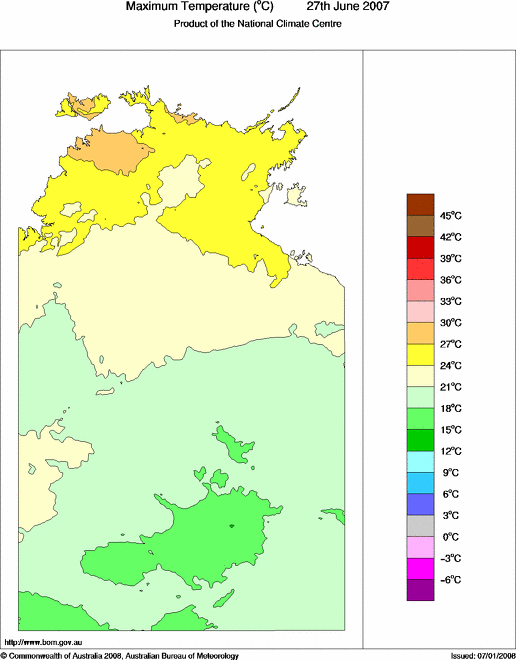 Daily maximum temperature for Northern Territory