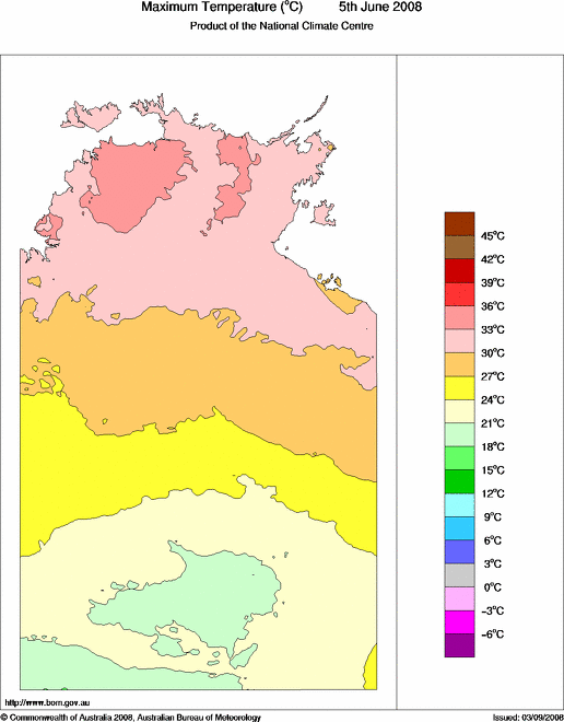 Daily maximum temperature for Northern Territory