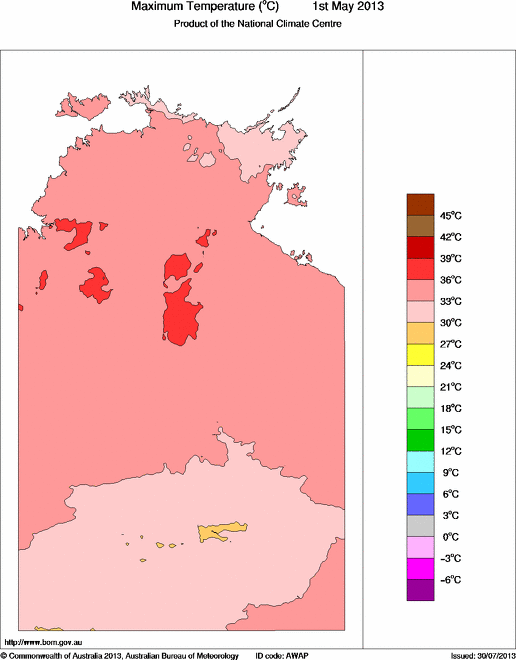 Daily maximum temperature for Northern Territory
