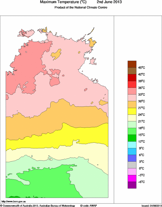 Daily maximum temperature for Northern Territory