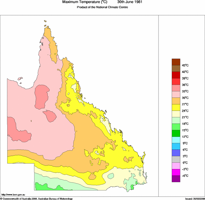 Daily maximum temperature for Queensland