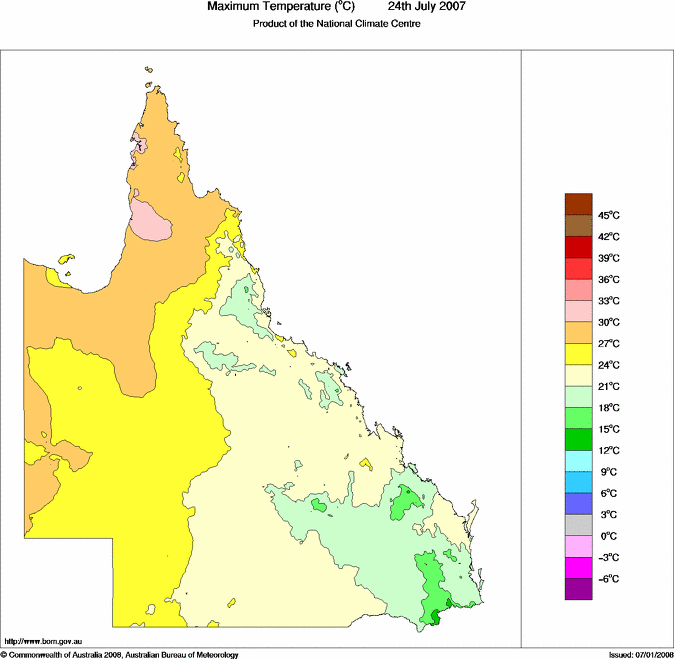 Daily maximum temperature for Queensland