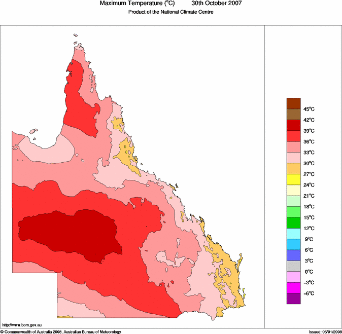 Daily maximum temperature for Queensland