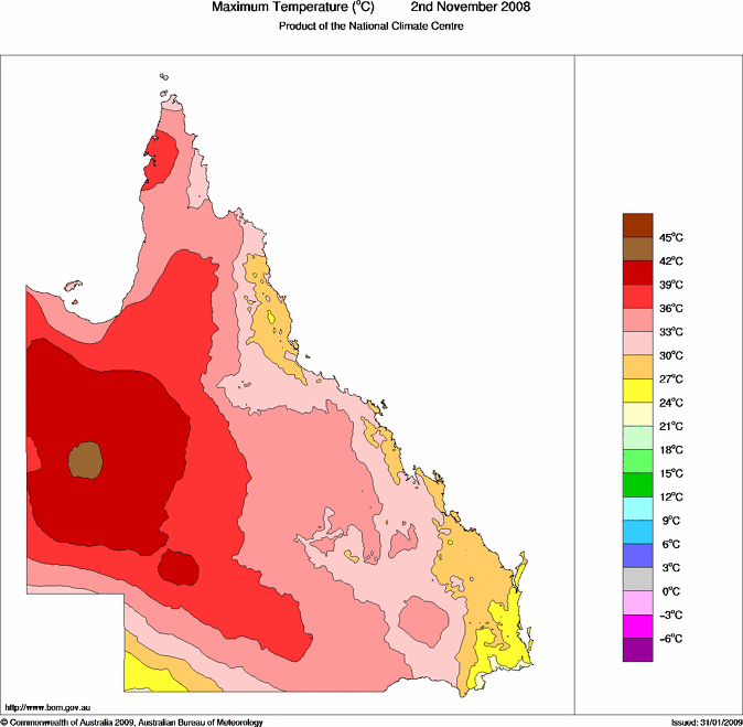 Daily maximum temperature for Queensland