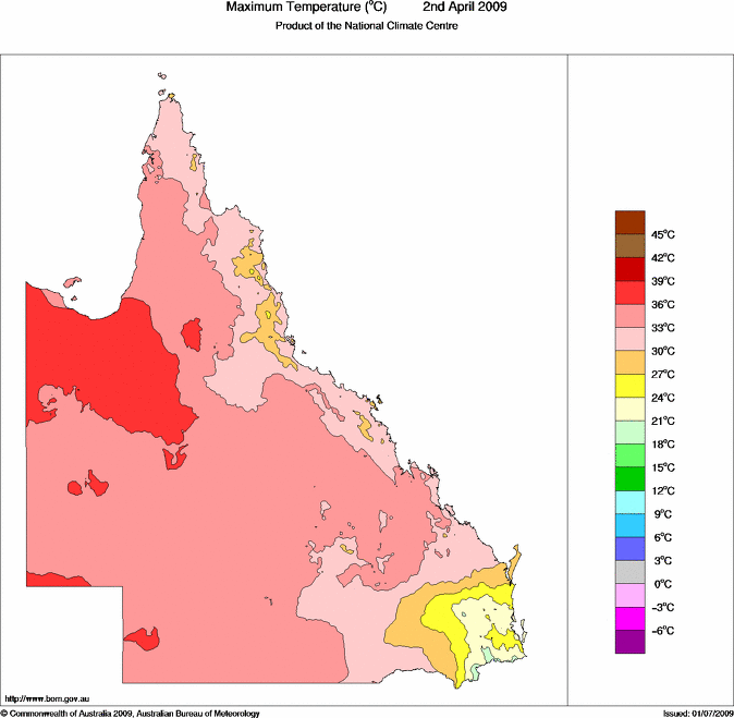 Daily maximum temperature for Queensland