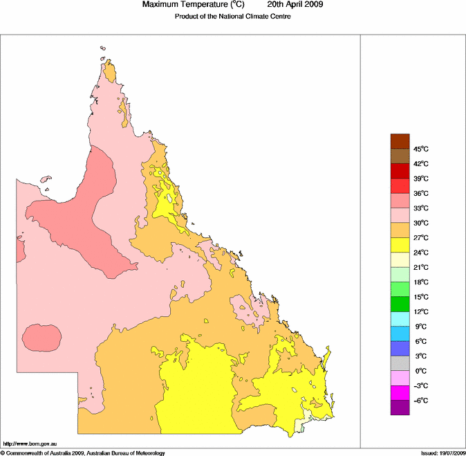 Daily maximum temperature for Queensland